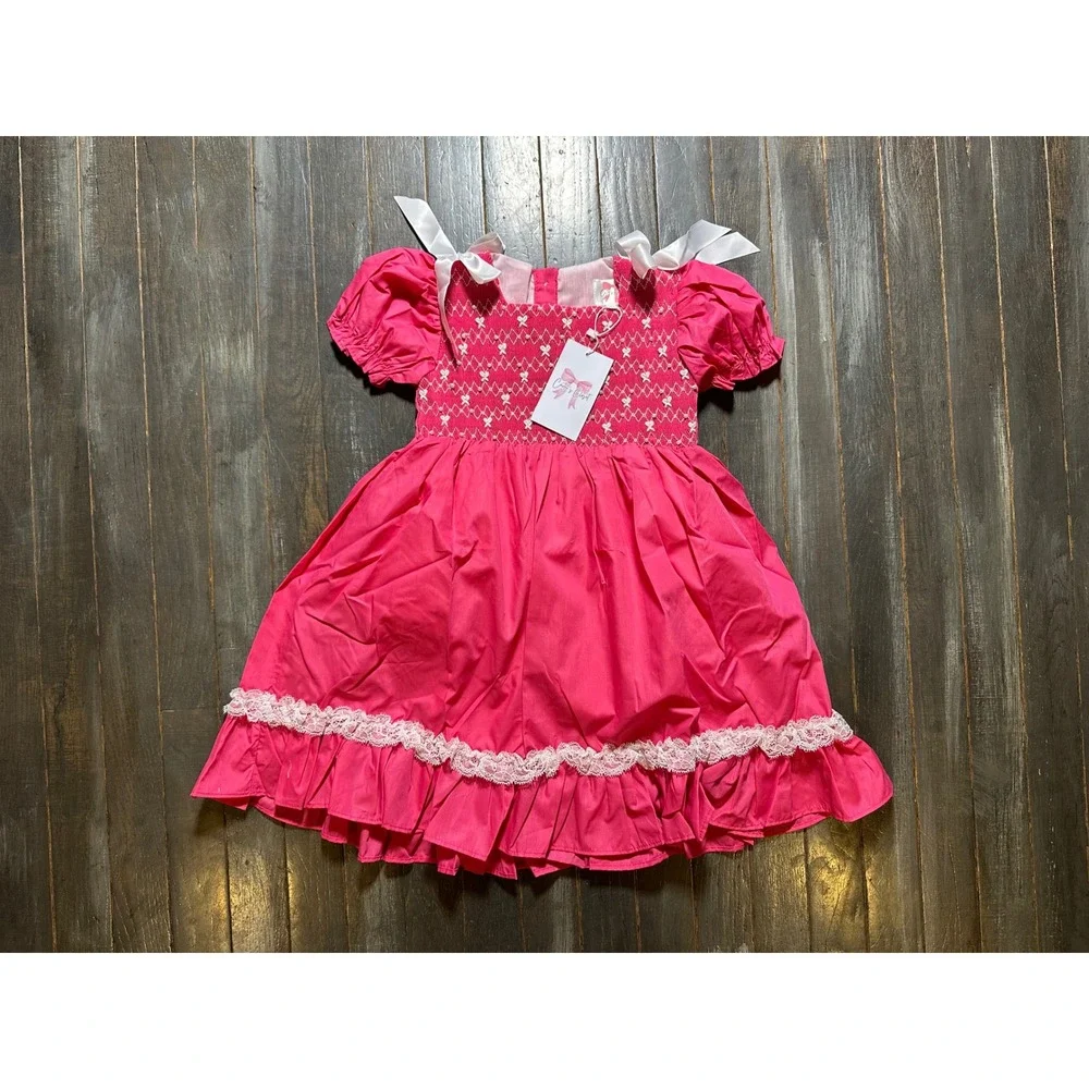 Carter's Closet Girls Hot Pink Smocked Pearl Lace Ruffle Dress